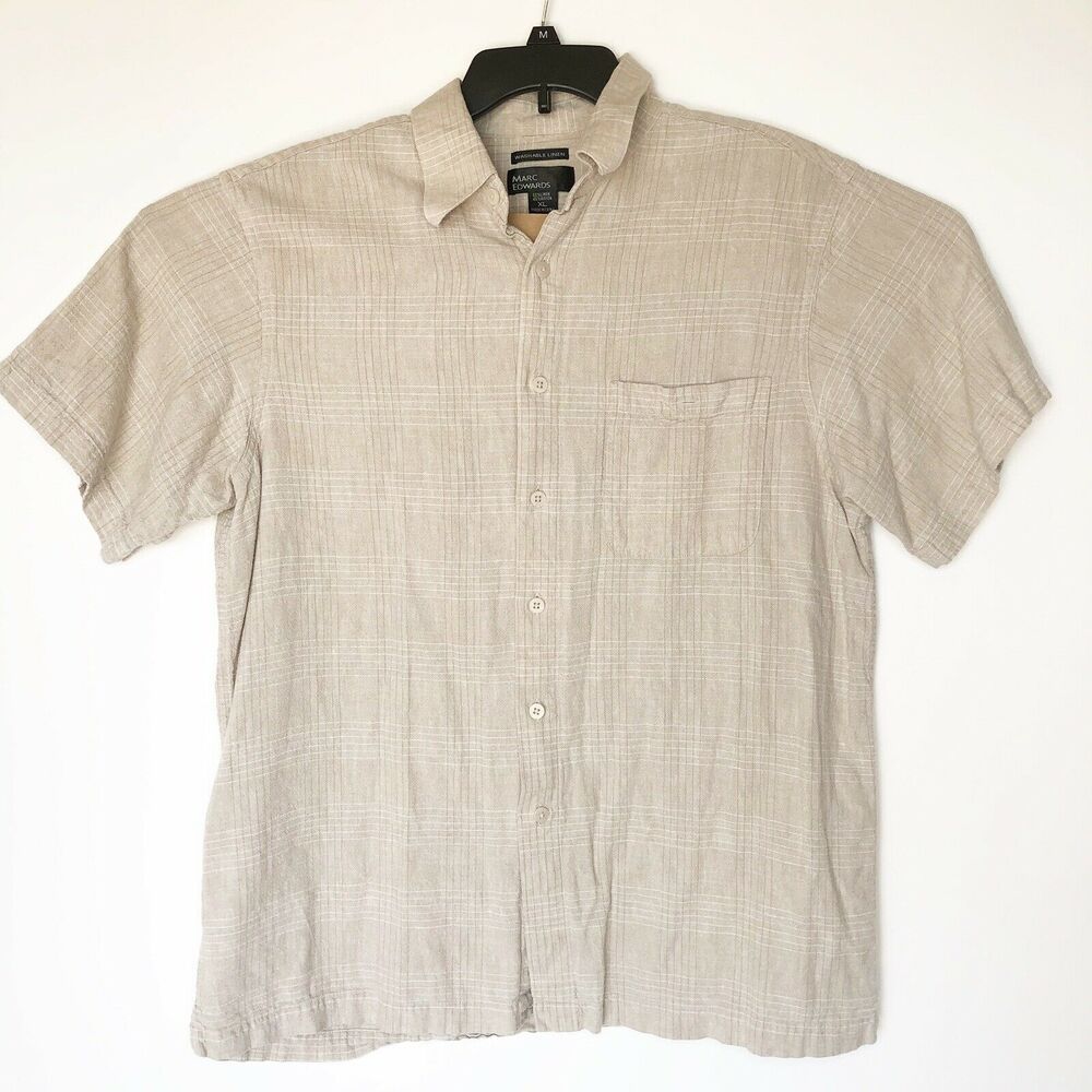 Marc Edwards Mens XL Shirt Button Front Pocket Washable Linen Short Sleeve